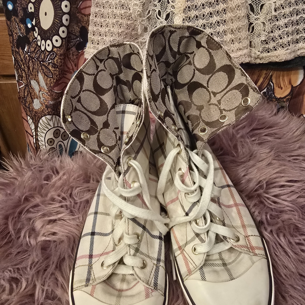 Coach Women's Plaid High-Top Sneakers - Cream and Brown - Picture 8 of 13